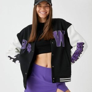 Oversize Bomber College Jacket Printed Fleece Inside