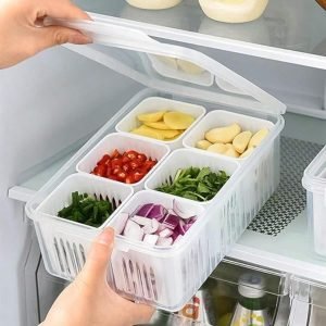 6 Compartment Refrigerator Storage Box with Lid Fridge Organizer Container for Vegetables Fruits Snacks Multi Section Food Storage Box for Chopped Veggies Kitchen Fridge Organizer Bin BPA Free