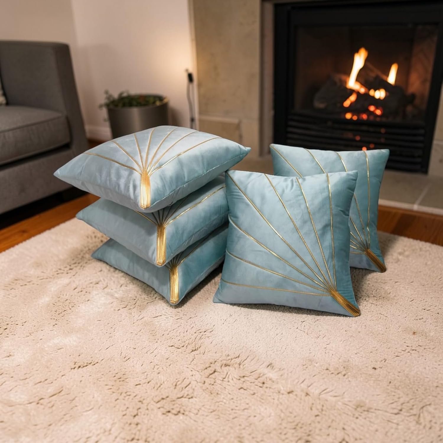 Home Velvet Cushion Cover with Golden Stripes, Aqua Pack of 5, 16x16 to 26x26 Inch (Aqua, 16x16in) - Image 3