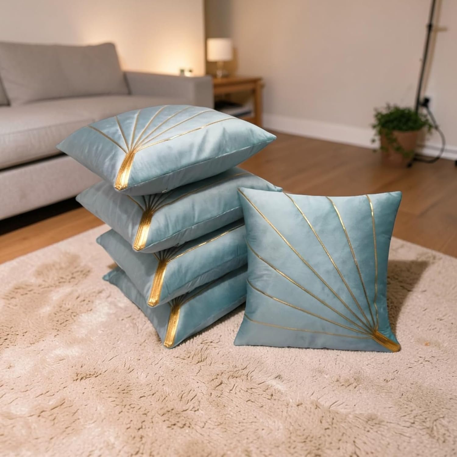 Home Velvet Cushion Cover with Golden Stripes, Aqua Pack of 5, 16x16 to 26x26 Inch (Aqua, 16x16in) - Image 2